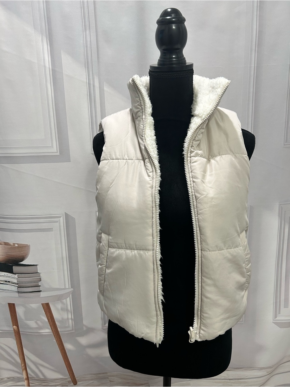 No Boundaries Cream Puffer Vest with Sherpa Trim
